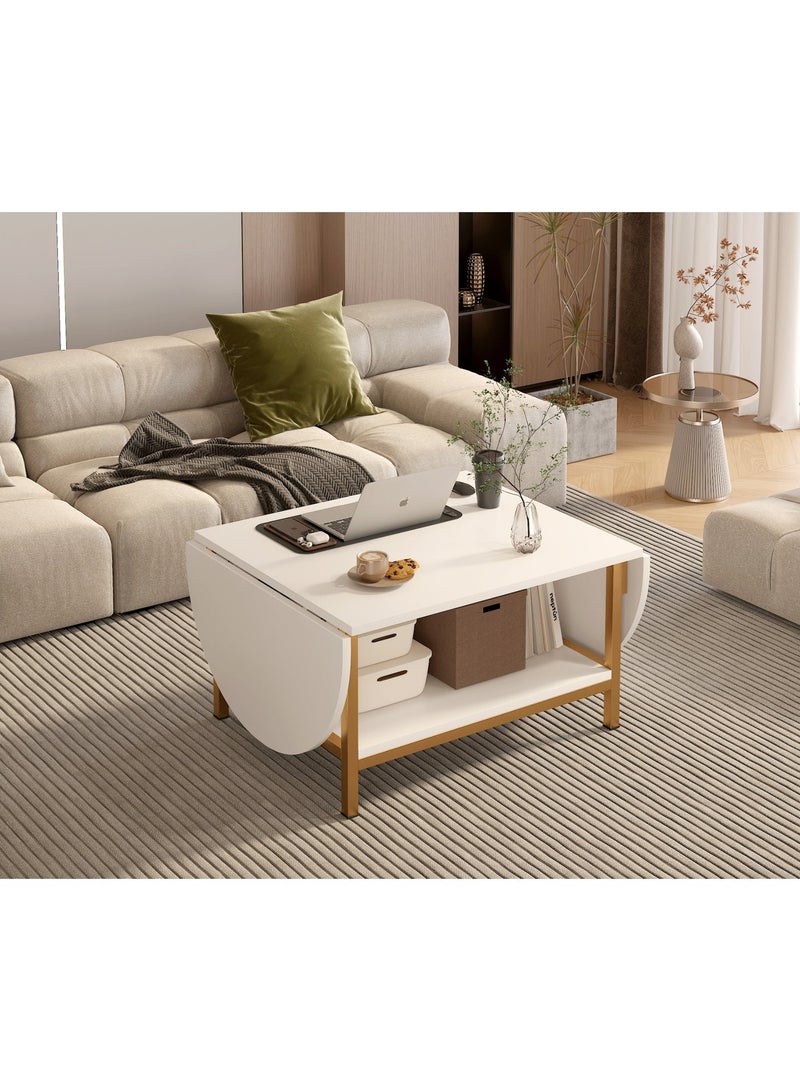 Folding Coffee Table with Storage Shelf, Extendable Oval Center Table with Gold Metal Frame, Modern 2-Tier White Coffee Table for Living Room, Office（CJ034） - Image 1